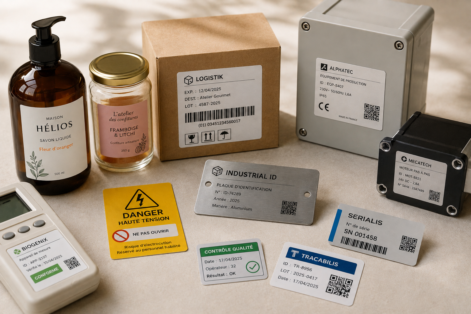 Exemples d’étiquettes professionnelles pour produit, identification, sécurité et traçabilité