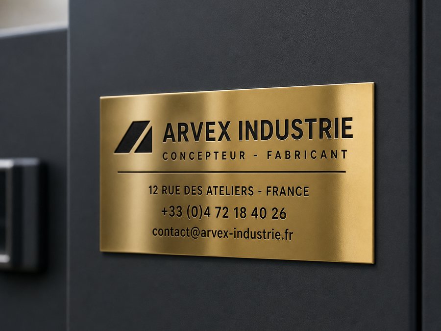 Plaque de firme en laiton brillant avec gravure laquee noire