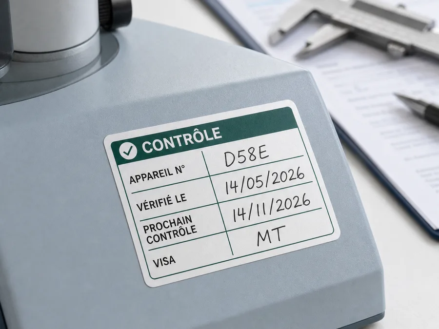 Étiquette de contrôle en vinyle blanc mat avec champs manuscrits