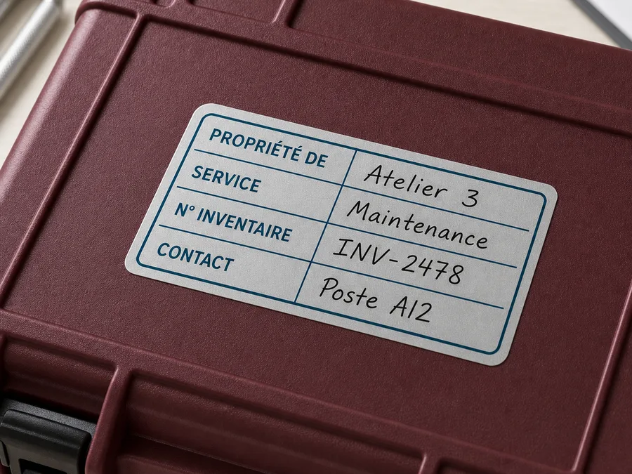 Étiquette de propriété argent mat avec champs manuscrits