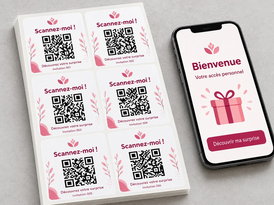 Illustration fictive de six étiquettes aux QR codes différents en vinyle blanc mat, avec un paquet de planches et un téléphone