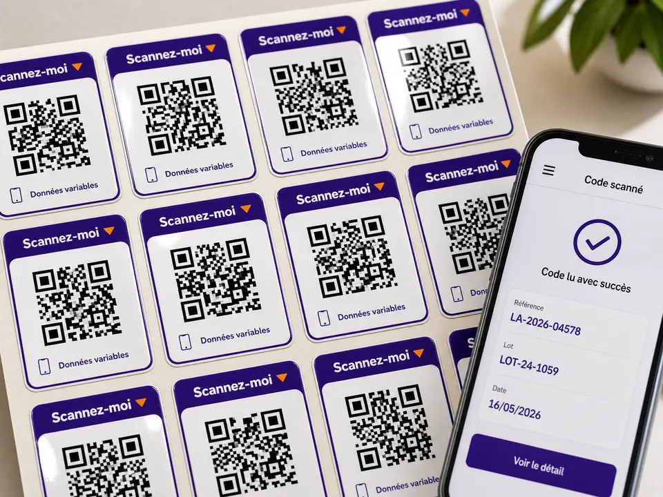 Planche d’autocollants QR codes avec données variables