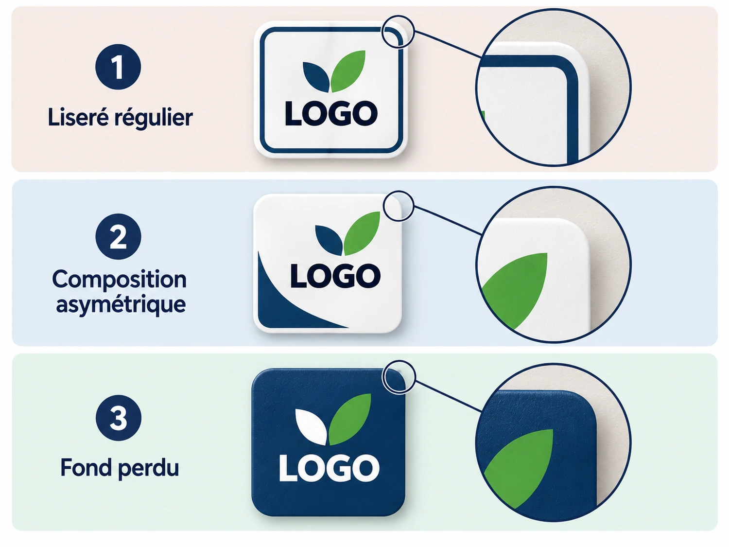 Comparatif entre liseré régulier, composition asymétrique et fond perdu pour limiter la perception des variations de découpe