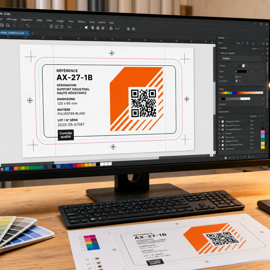 Écran de contrôle graphique avant fabrication avec fichier d’autocollant et contour de découpe