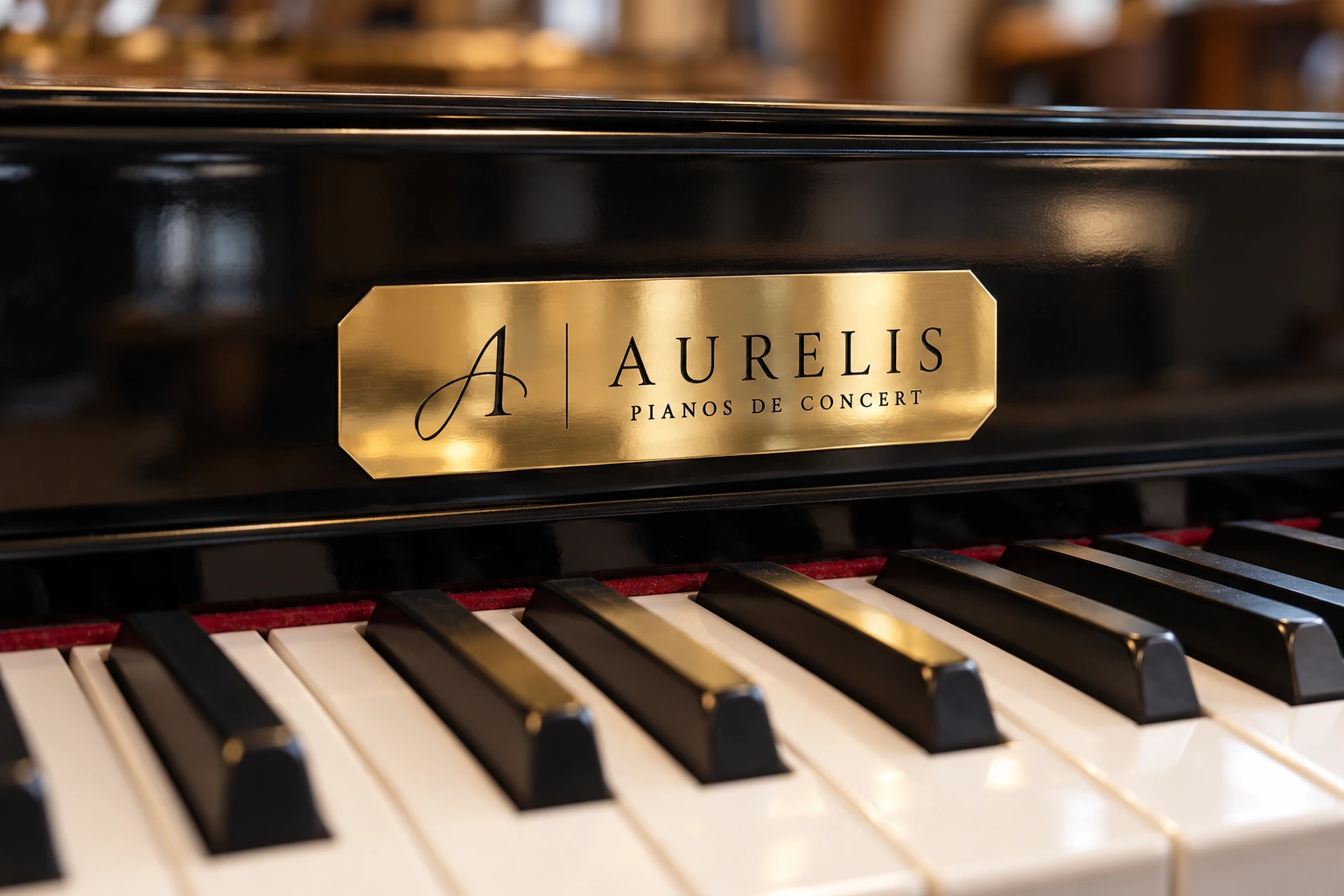 Illustration fictive d’une plaque en laiton brillant AURELIS, gravure noire et coins coupés, sur un piano