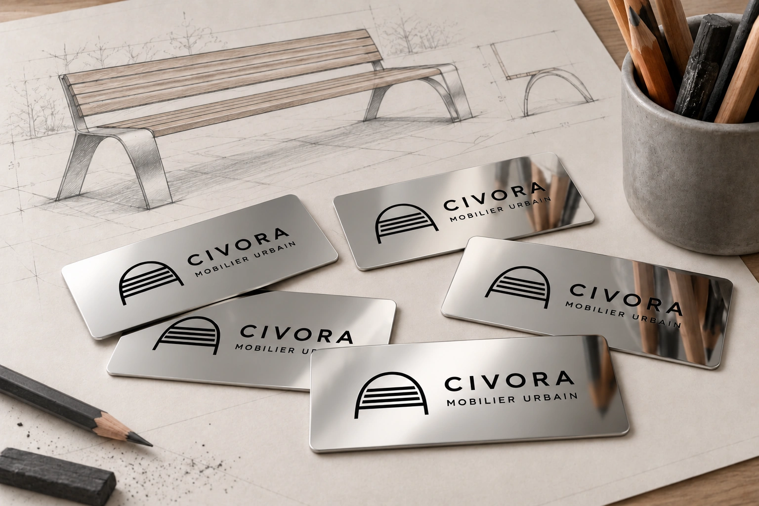 Illustration fictive de plaques en inox miroir gravées en noir sur un croquis de mobilier urbain