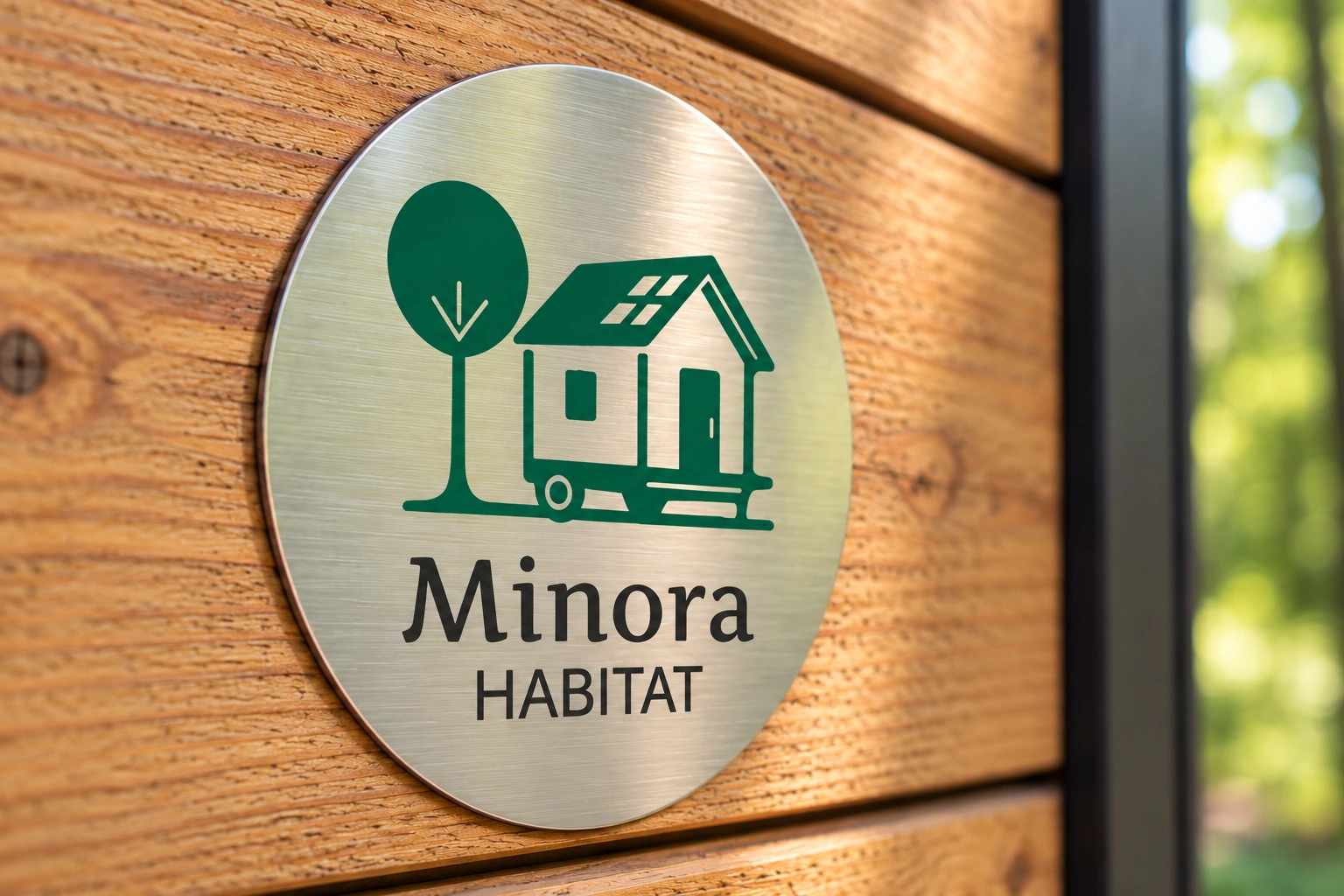 Illustration fictive d’une plaque ronde en aluminium brossé Minora Habitat, fixée sur un bardage bois