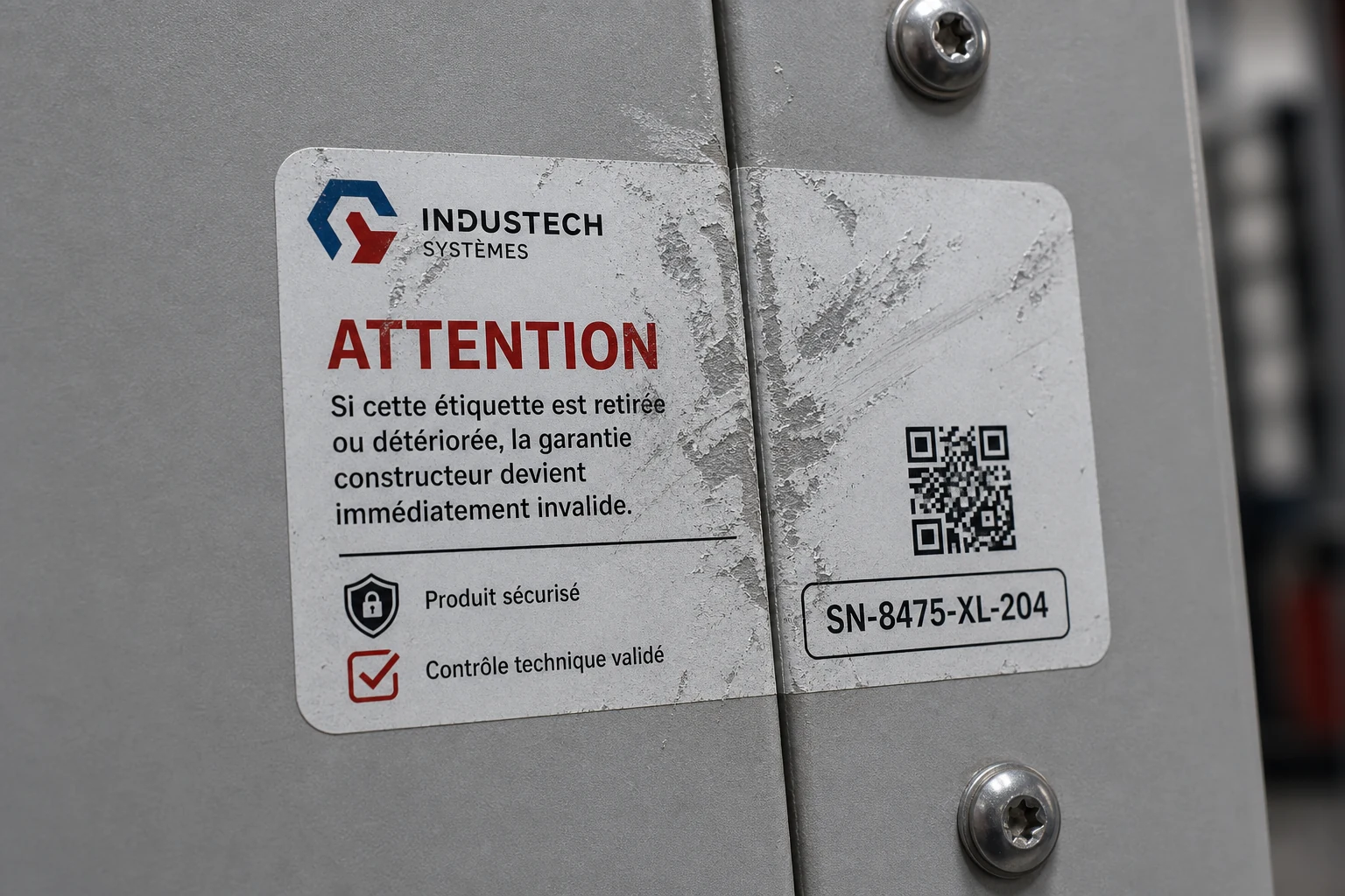 Autocollant ultradestructible a cheval sur une ouverture de machine industrielle