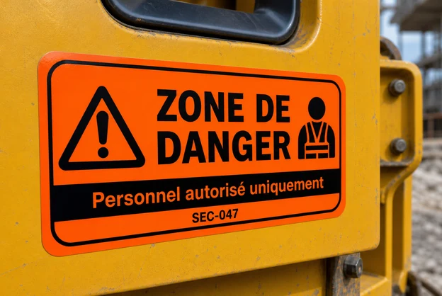 Autocollant orange fluorescent Zone de danger sur engin de chantier