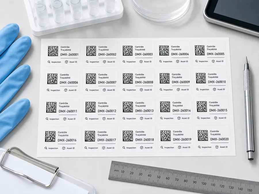 Planche d’autocollants en vinyle blanc mat avec DataMatrix incrémentés