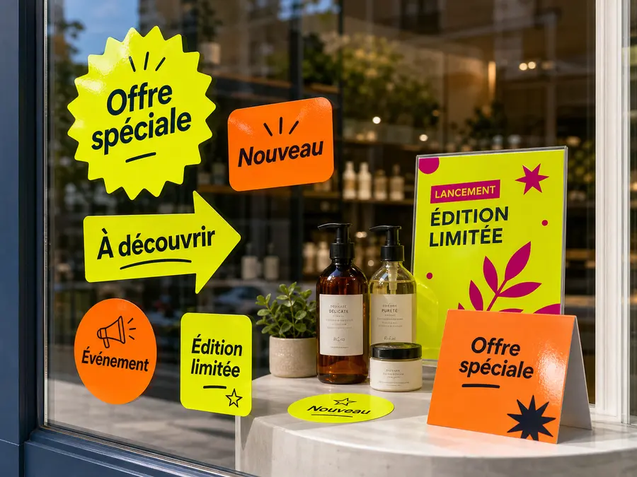 Étiquettes promotionnelles fluorescentes pour vitrine et événement