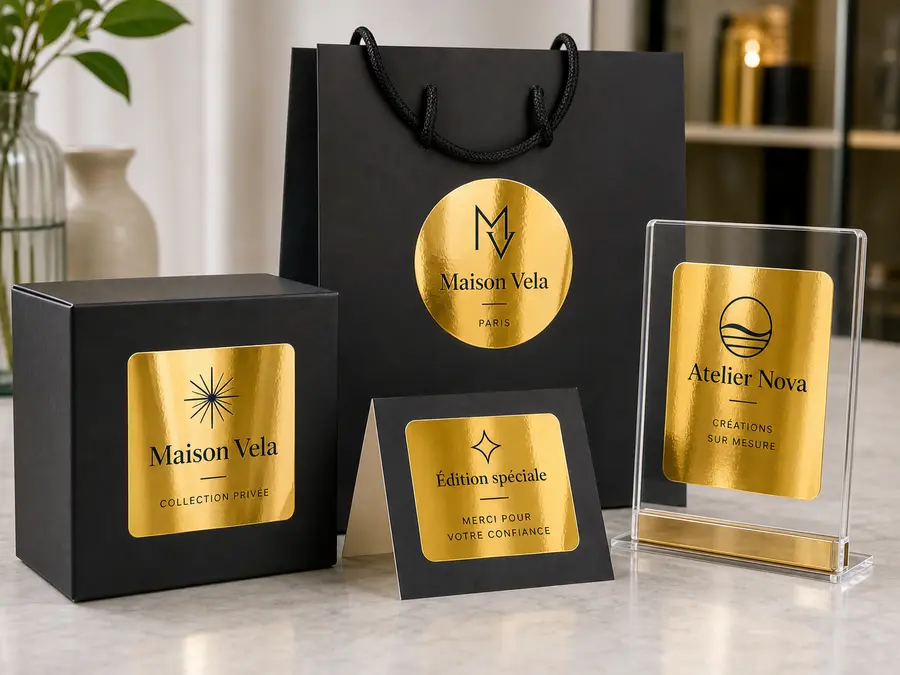 Étiquettes publicitaires en or brillant pour communication premium
