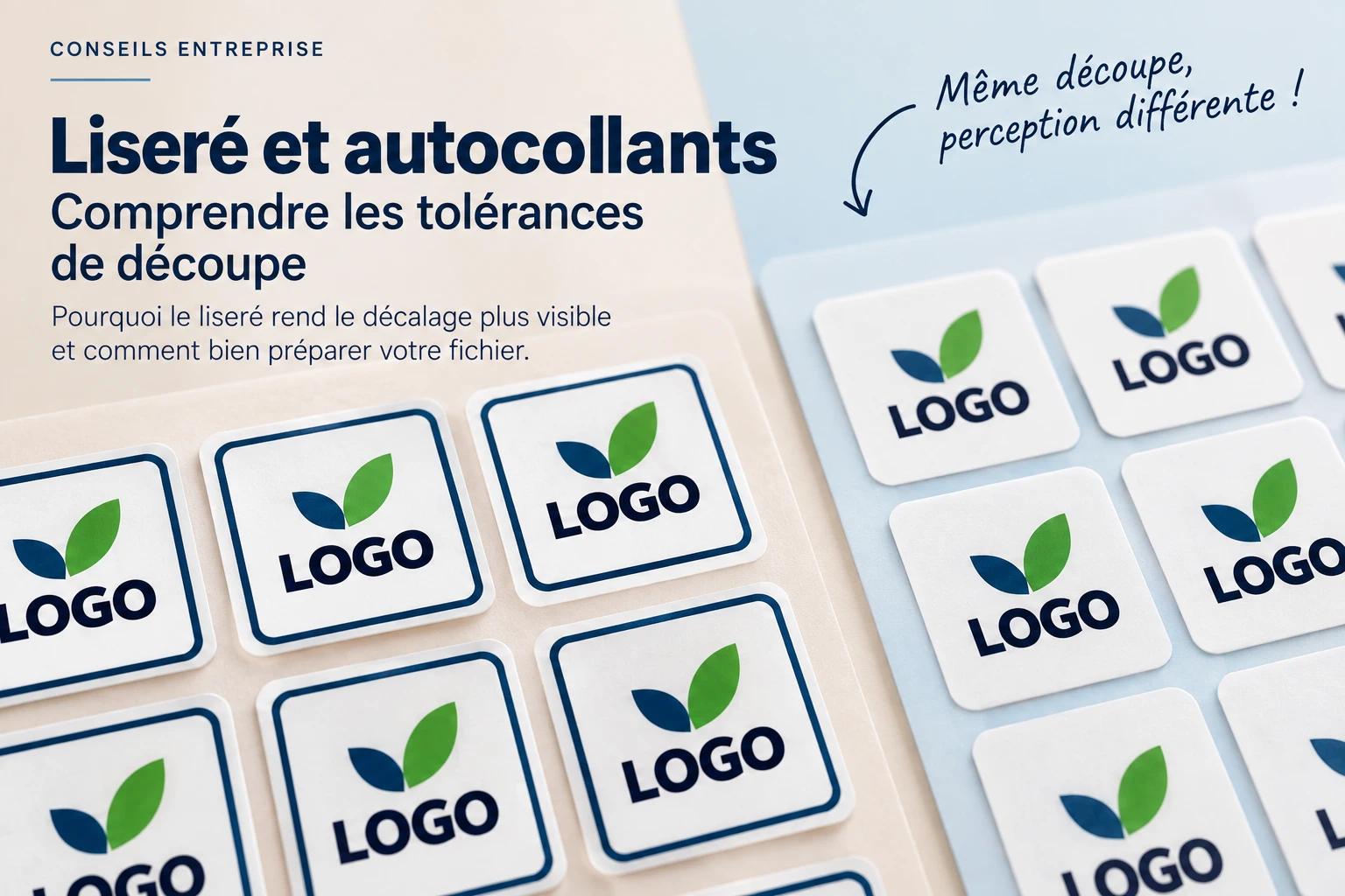 Étiquettes avec et sans liseré illustrant la perception des variations de découpe